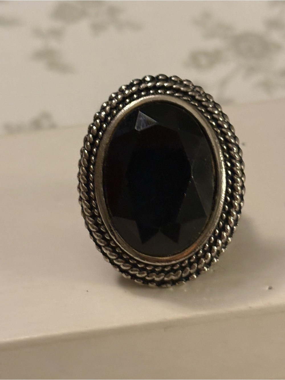 Silver-Tone Oval Black Stone Statement Ring